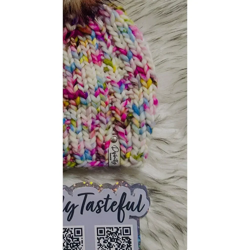 Hand Knit Merino Wool Beanie: Open Ridge Knit Hat with Faux Fur Pom